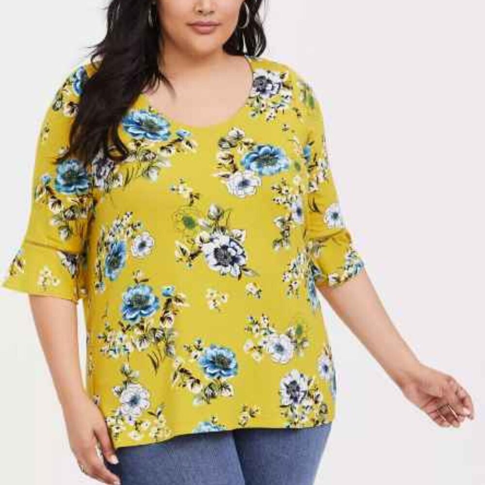 Torrid Super Soft Lime Green Floral Bell Sleeve Top